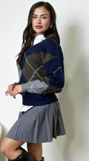 Noxley Argyle V Neck Long Sleeve Sweater - Navy