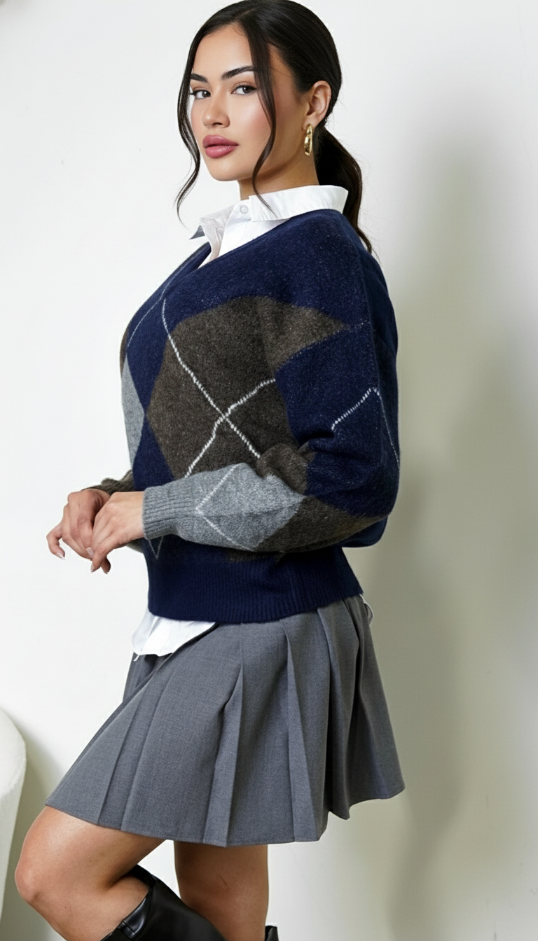 Noxley Argyle V Neck Long Sleeve Sweater - Navy