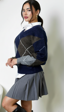 Noxley Argyle V Neck Long Sleeve Sweater - Navy