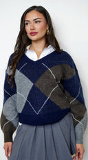 Noxley Argyle V Neck Long Sleeve Sweater - Navy