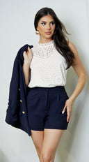 Zaina Blazer Set in Blue close-up of neckline and shoulder detail