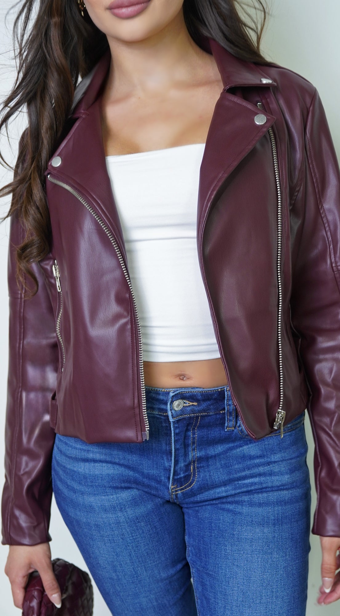 Lunor Moto PU Leather Jacket - Burgundy