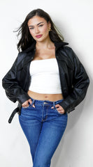Rhéa Shearling Collar PU Leather Jacket - Black