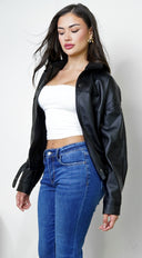 Rhéa Shearling Collar PU Leather Jacket - Black