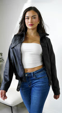 Rhéa Shearling Collar PU Leather Jacket - Black