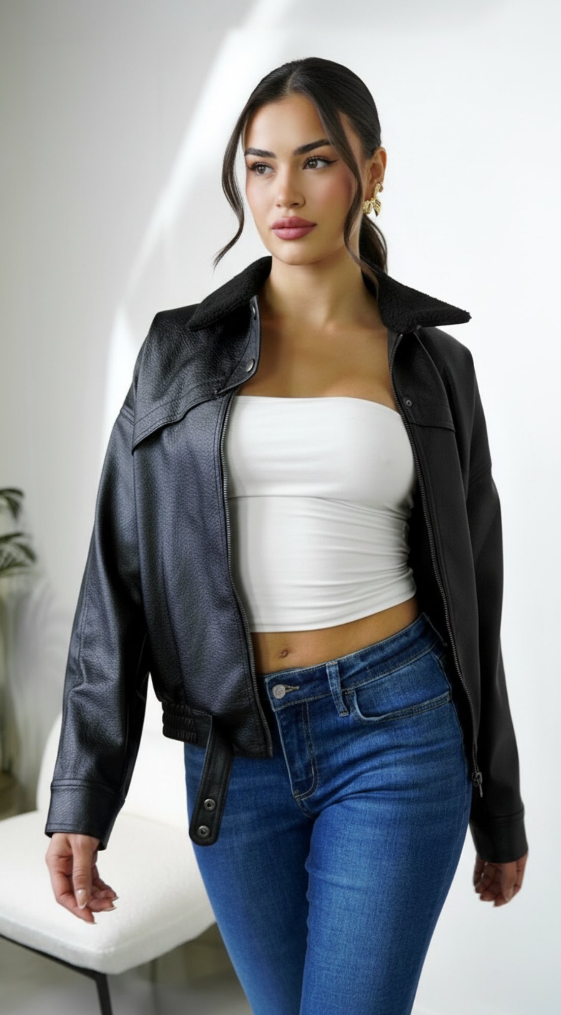 Rhéa Shearling Collar PU Leather Jacket - Black