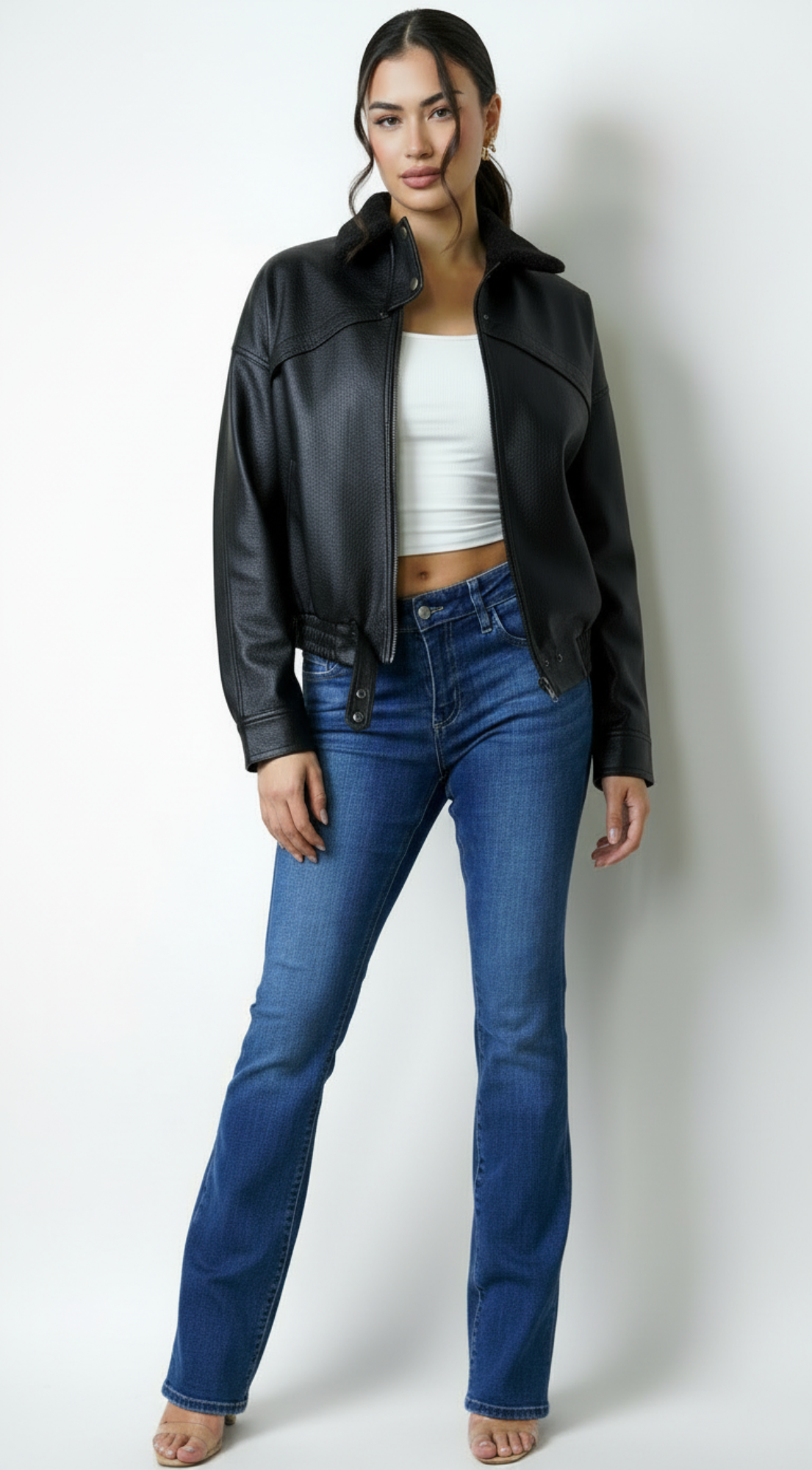 Rhéa Shearling Collar PU Leather Jacket - Black