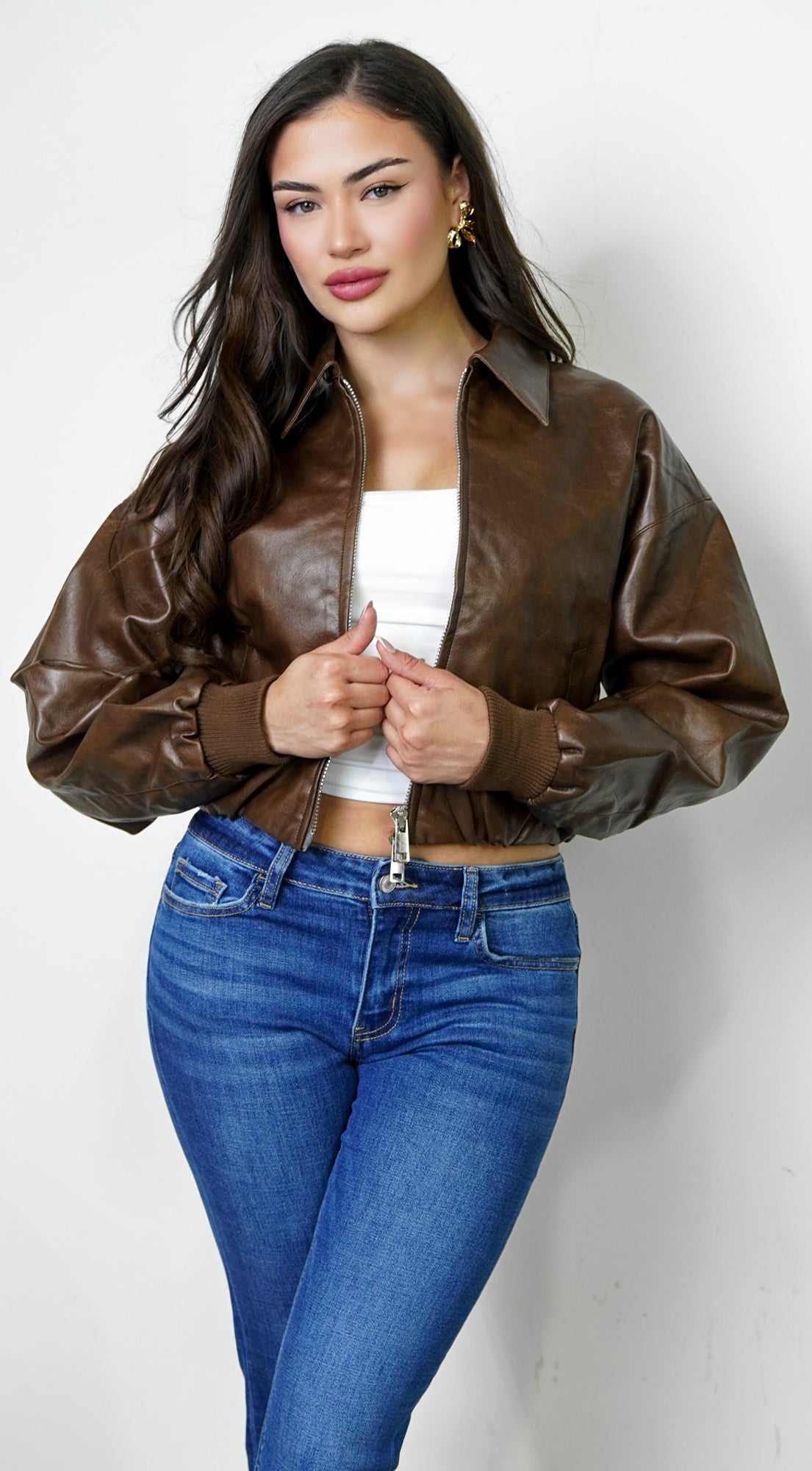 Nolair Bomber PU Leather Jacket - Brown