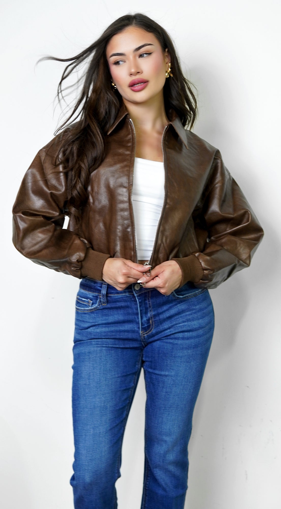 Nolair Bomber PU Leather Jacket - Brown