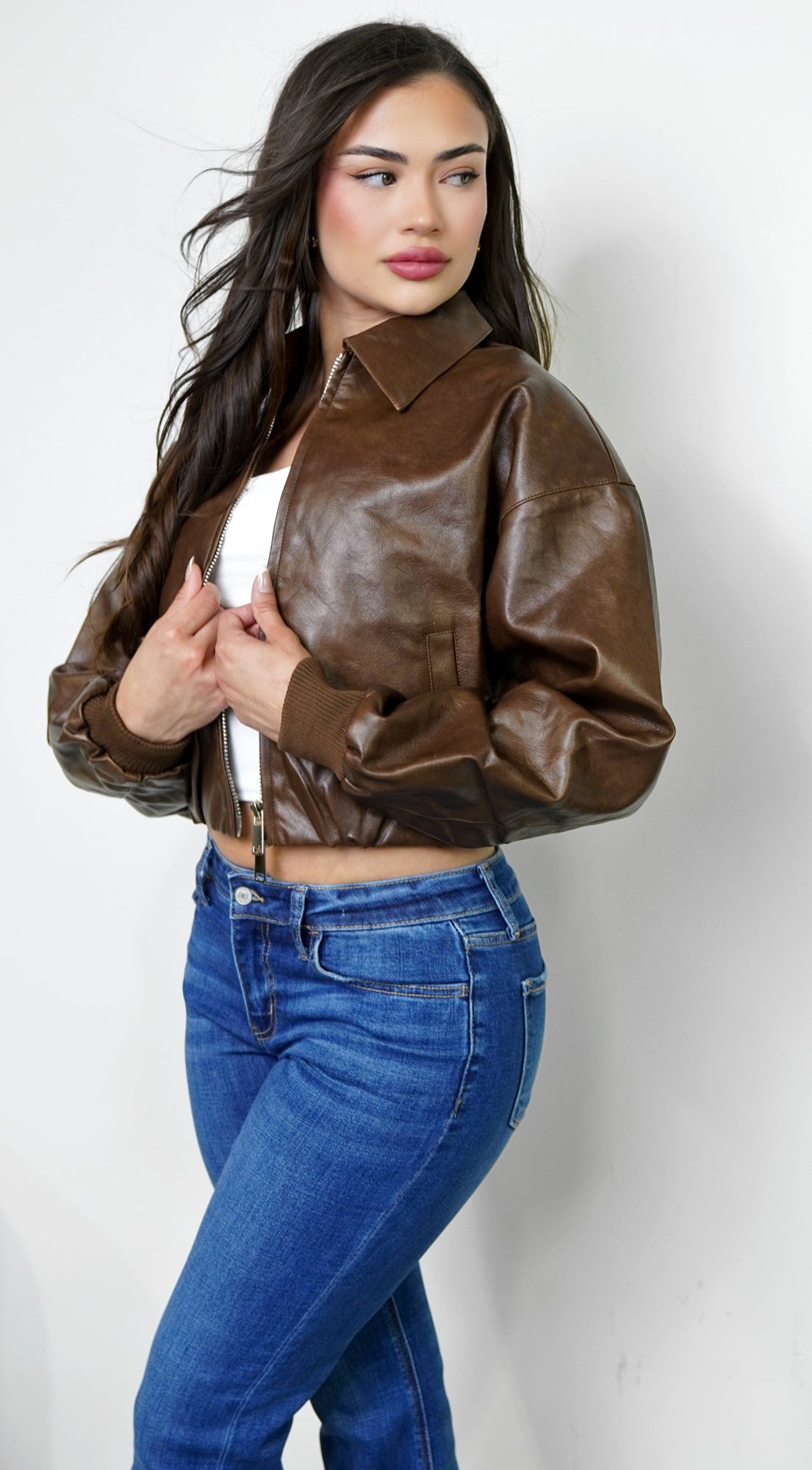 Nolair Bomber PU Leather Jacket - Brown