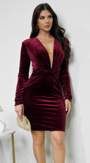 Aless V Neck Front Twist Velvet Mini Dress - Burgundy