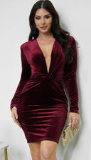 Aless V Neck Front Twist Velvet Mini Dress - Burgundy