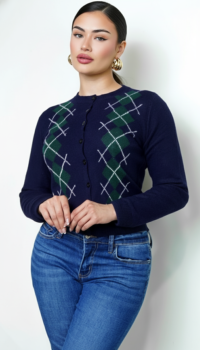 Mirex Argyle Knit Cardigan - Navy