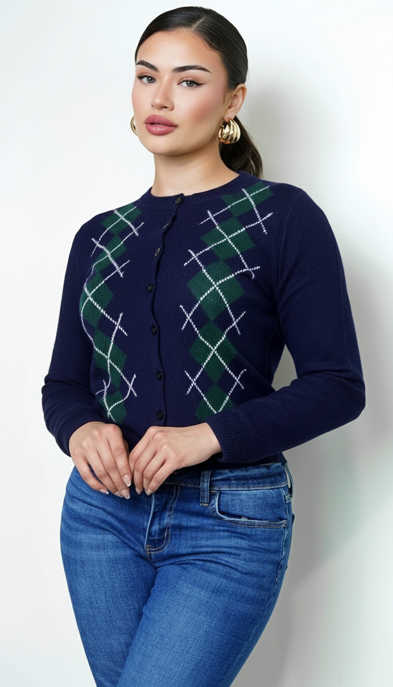 Mirex Argyle Knit Cardigan - Navy