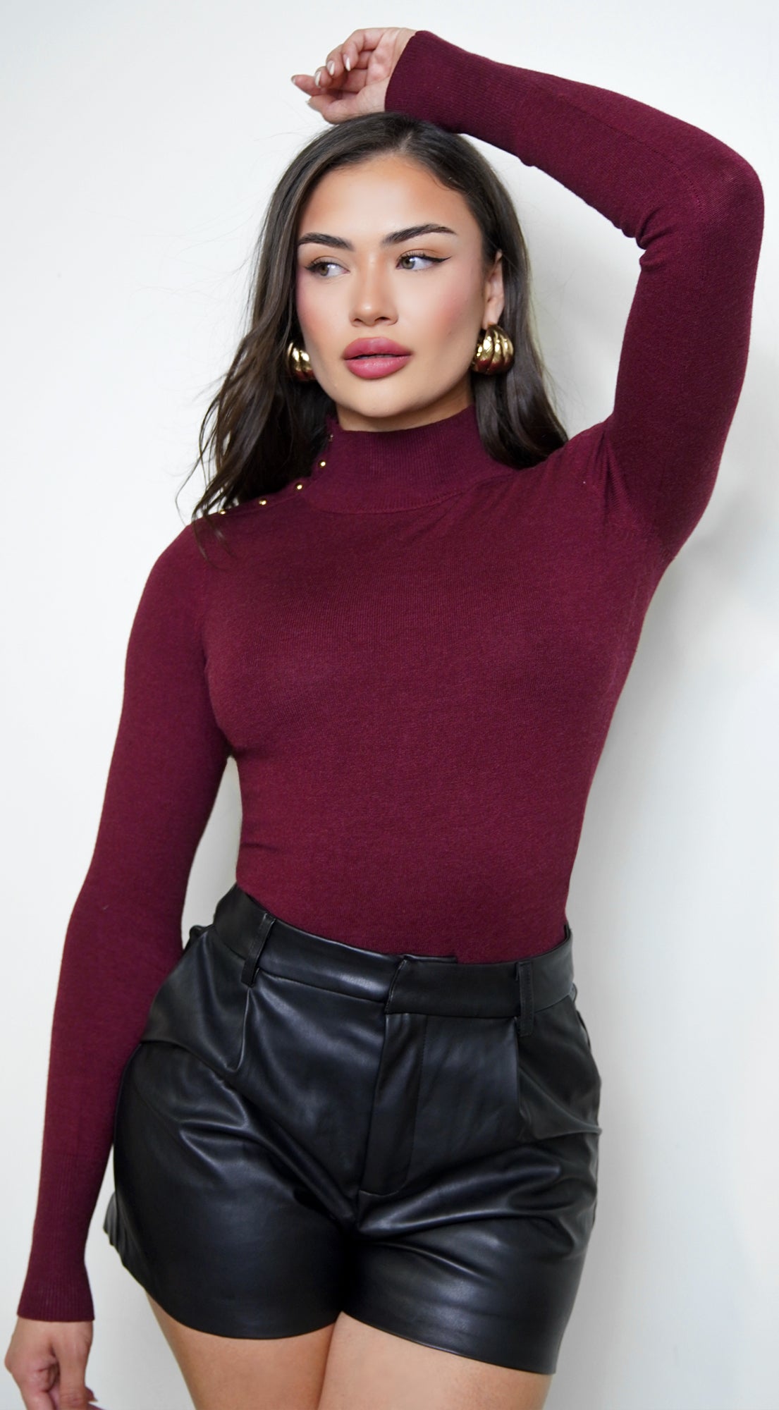 Valora Mock Neck Button Sweater Top - Wine