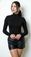 Valora Mock Neck Button Sweater Top in Black full length front view on model