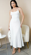 Janece Shimmer Knit Midi Dress in Silver side profile view on model