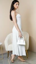 Janece Shimmer Knit Midi Dress in Silver close-up of neckline and shoulder detail
