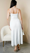 Janece Shimmer Knit Midi Dress in Silver hemline and silhouette detail