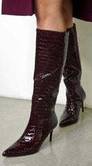 Isolde Croc-Embossed High Heel Boots - Burgundy