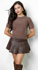 Nolita Knit Short Sleeve Sweater in Brown full length front view on model