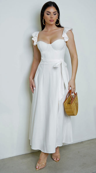 white ruffle midi dress Miss Circle Women Eden Square Neck Trim High Waist This dress is ideal for brides who want a sophisticated yet understated outfit for their rehearsal dinner or engagement party Pursue Perfection White Ruffled Midi