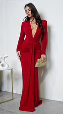 Leilani Metallic Ruched Deep V Maxi Dress - Red