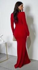 Leilani Metallic Ruched Deep V Maxi Dress - Red