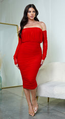 Annora Mesh Long Sleeve Ruched Midi Dress in Red side profile view on model