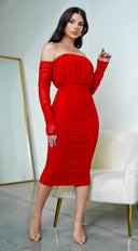 Annora Mesh Long Sleeve Ruched Midi Dress in Red styled outfit flat lay