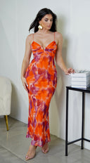 Eleanora Multi Color Mesh Front V Maxi Dress in Orange close-up of mesh panel detail