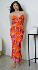 Eleanora Multi Color Mesh Front V Maxi Dress in Orange back view on model