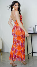 Eleanora Multi Color Mesh Front V Maxi Dress in Orange styled outfit flat lay