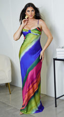Elissa Multi Color Satin Maxi Dress full length front view on model
