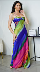 Elissa Multi Color Satin Maxi Dress back view on model