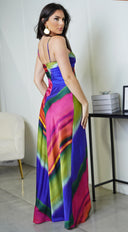 Elissa Multi Color Satin Maxi Dress side profile view on model