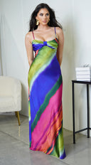 Elissa Multi Color Satin Maxi Dress styled outfit flat lay