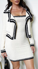 Meadow Boucle Contrast Edge Cardigan Mini Dress Set in Cream side profile view on model