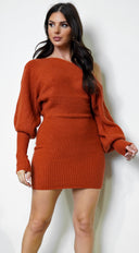 orange off the shoulder sweater dress " Jolene " Sweater Rib Knit Off Shoulder Maxi Dress ( Cognac )