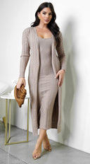 Fia Cardrigan Midi Dress Set - Beige