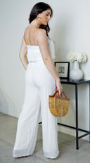 May Tube Jumpsuit in White close-up of neckline and shoulder detail