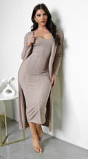 Fia Cardrigan Midi Dress Set - Beige
