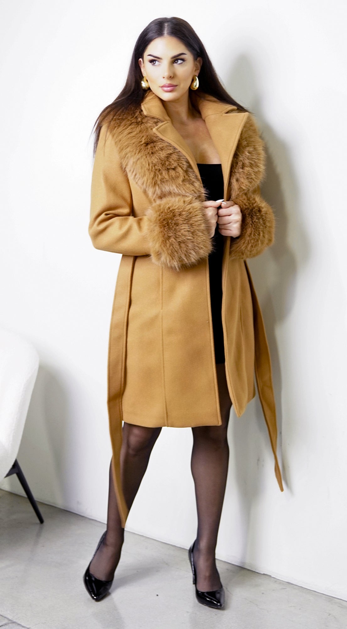 Sorrel Faux Fur Belted Coat - Khaki