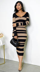 Jolenta Striped V Neck Midi Dress - Mocha Black