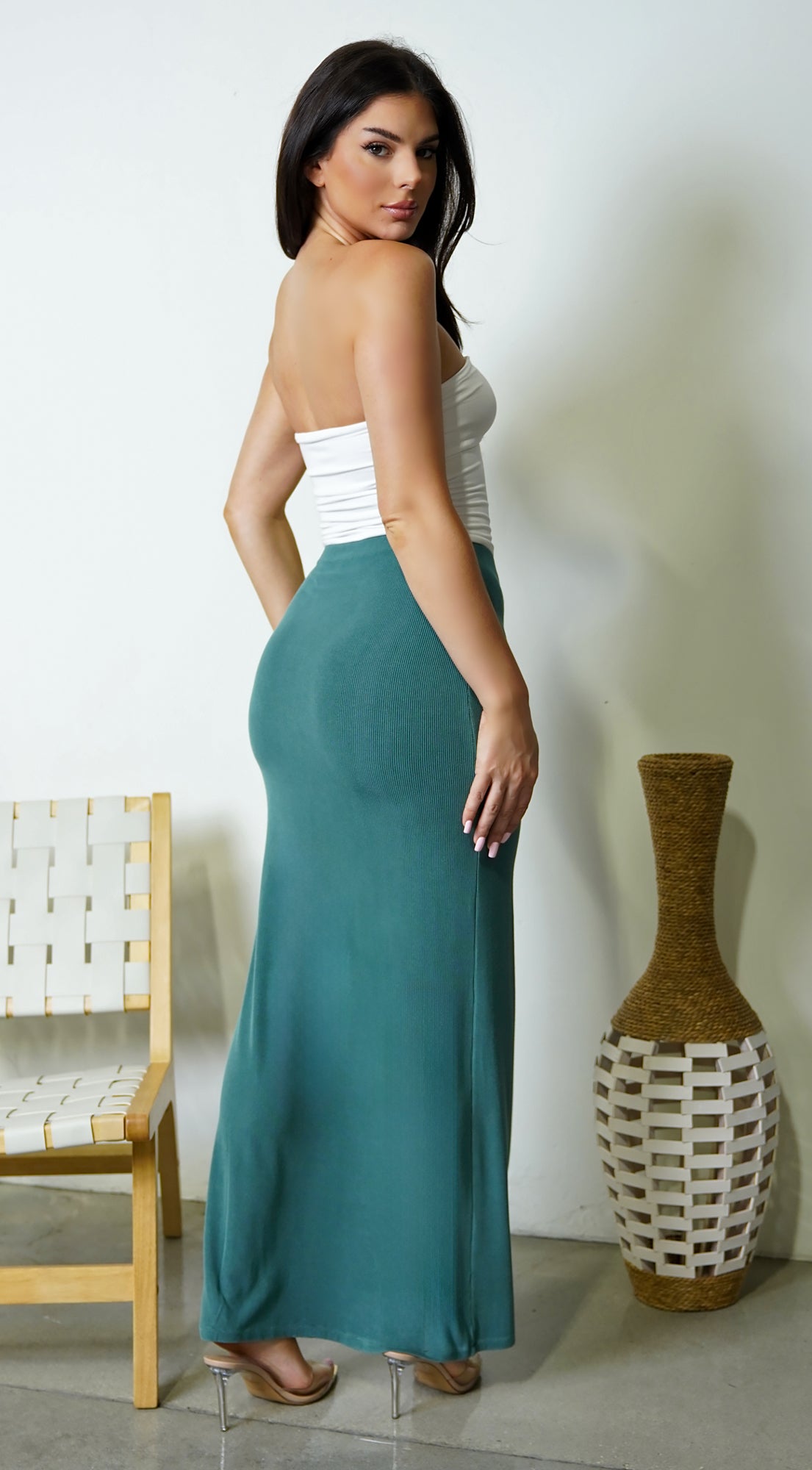 Seychelles Jersey Knit Ribbed Maxi Skirt Green