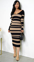 Jolenta Striped V Neck Midi Dress - Mocha Black