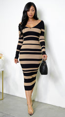 Jolenta Striped V Neck Midi Dress - Mocha Black