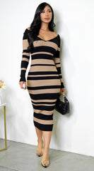 Jolenta Striped V Neck Midi Dress - Mocha Black