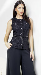 Ardelle Belted Sequin Tweed Top - Black