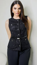 Ardelle Belted Sequin Tweed Top - Black